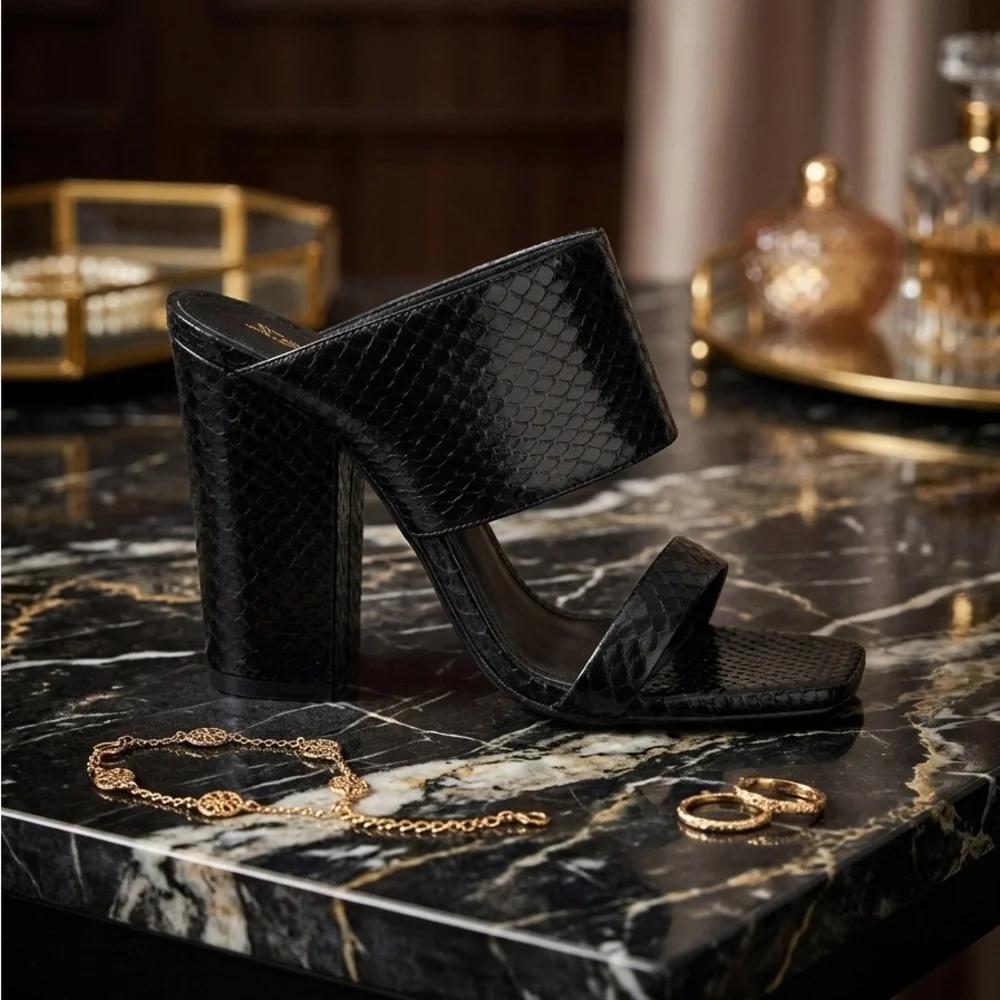 Saint Laurent Oak Snakeskin Leather Square Toe Block Heel Mule Sandal Black 38.5 - Picture 2 of 16